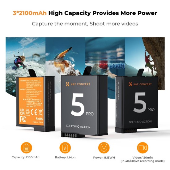 K&F Concept Osmo 360 Osmo Action 5 Pro/4/3 Battery Pack- 3 Batteries+ Tripple charger K&F Concept Osmo 360 Osmo Action 5 Pro/4/3 Battery Pack- 3 Batteries+ Tripple charger